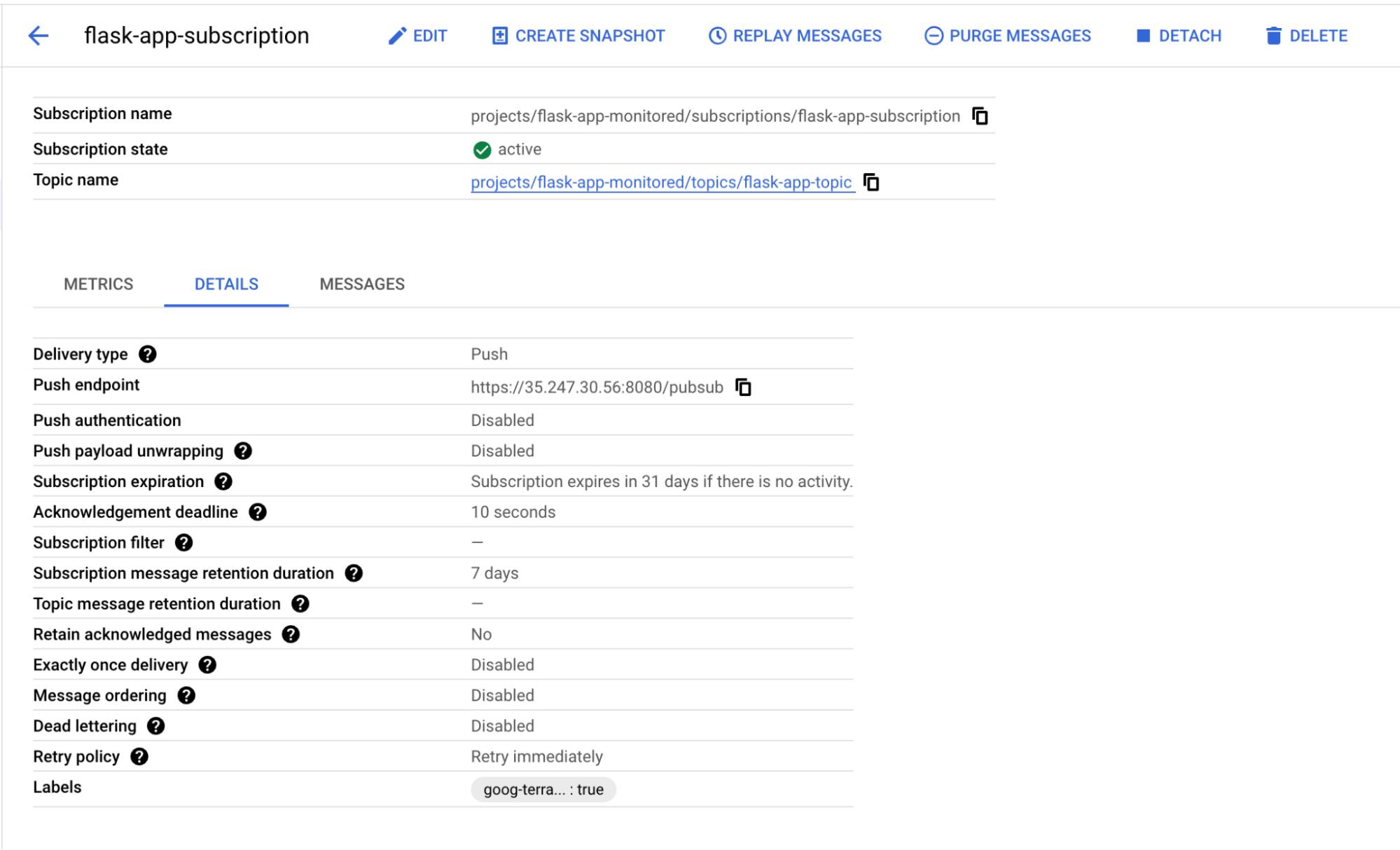 The GCP Pub/Sub Console UI showing current topic subscribers. The GCP Pub/Sub Console UI showing current topic subscribers.